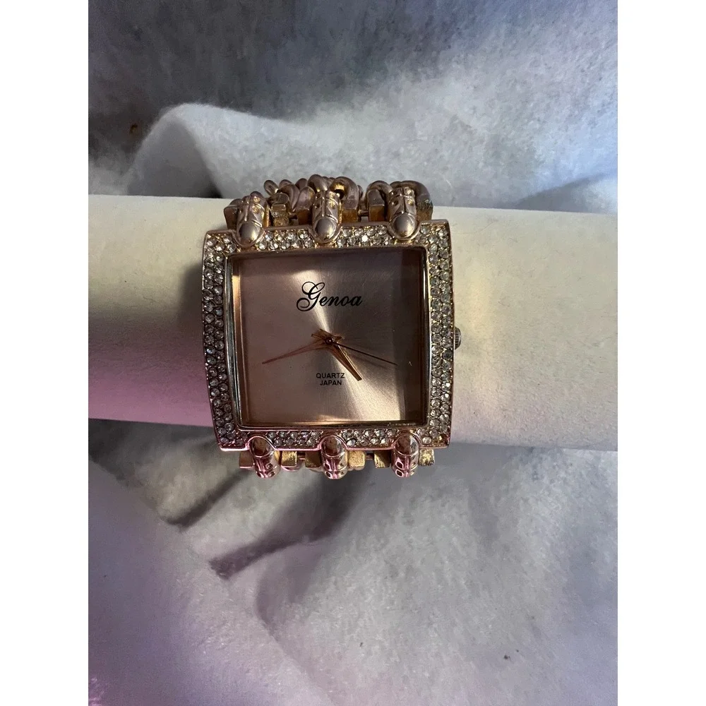 Genoa Rose Gold Tone Crystal Square Face Quartz Watch Chain Link Bracelet